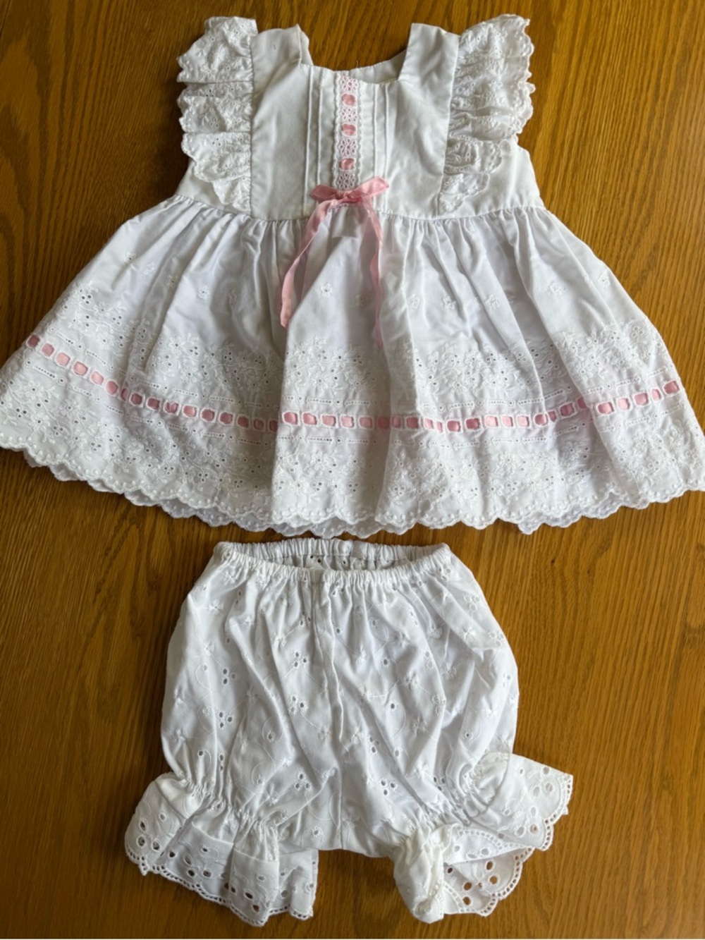 Vintage Baby Dress & Bottoms White Pink Eyelet Lace Ties In Back 12 Months